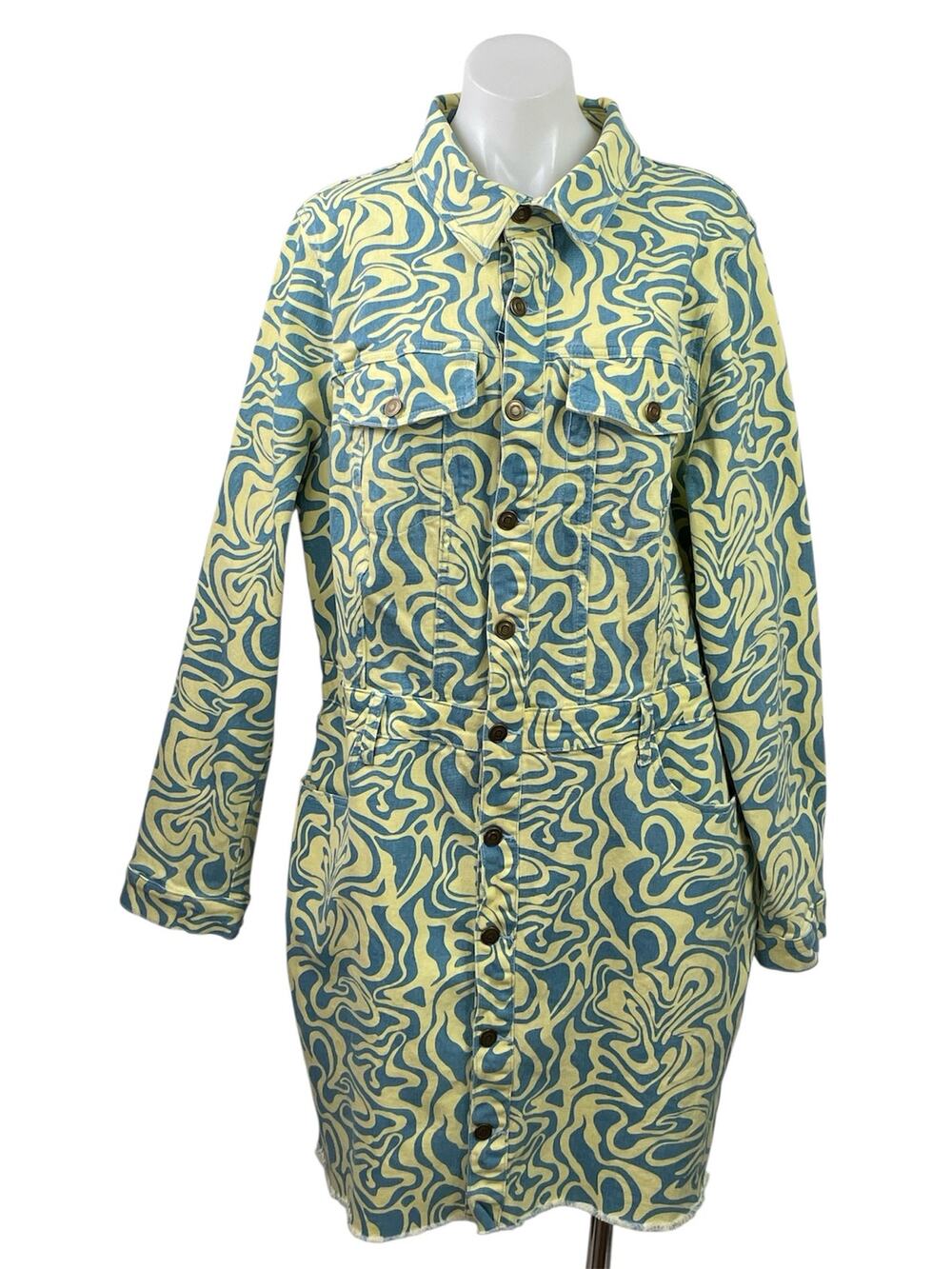 Fashion Nova Green Geomtric Long Sleeve Button Down Denim Jean Shirt Dress XL